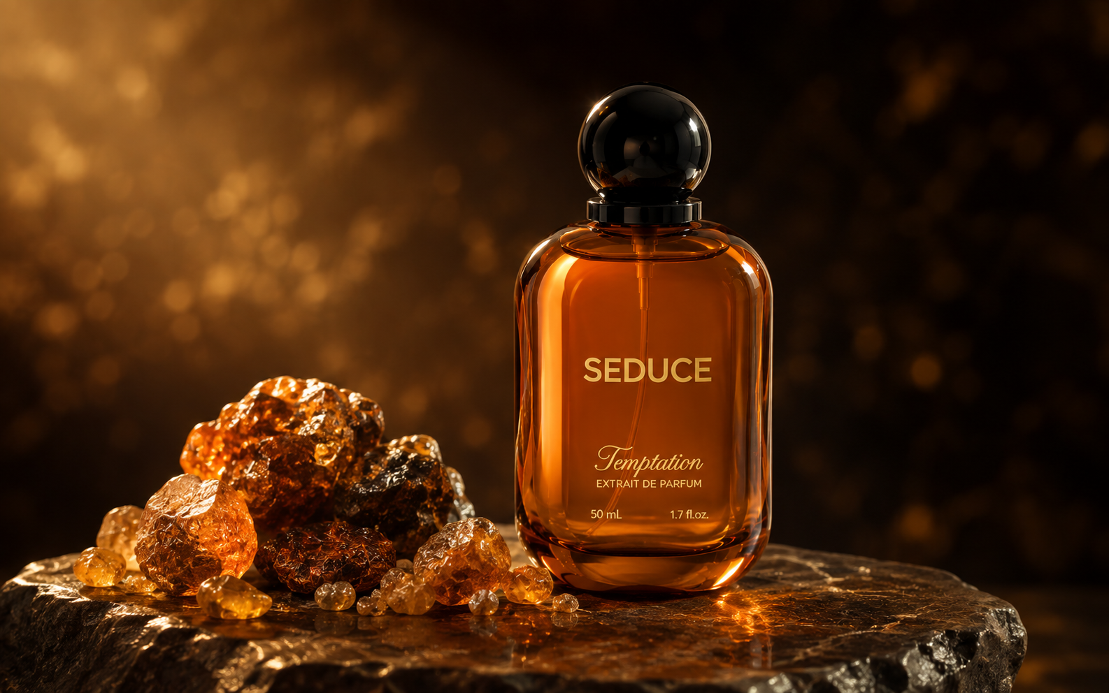 Aroma amber parfum — botol SEDUCE dengan cahaya keemasan hangat dan resin amber