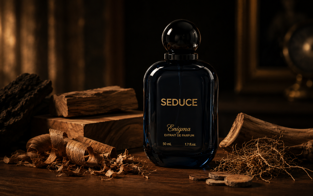 Aroma woody parfum — botol SEDUCE di atas permukaan kayu dengan cahaya hangat