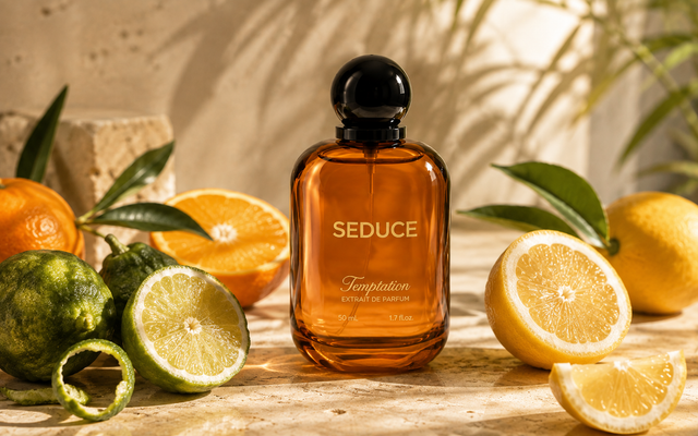 Aroma citrus parfum — botol SEDUCE dengan potongan jeruk dan lemon, nuansa segar dan cerah