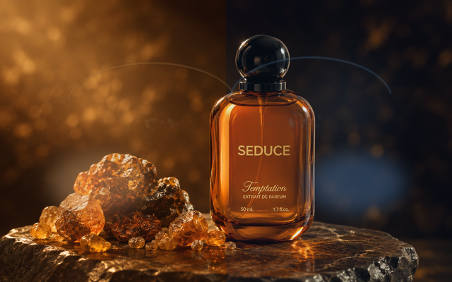 Skin chemistry parfum — botol SEDUCE dengan pencahayaan hangat, aroma yang berkembang berbeda di tiap kulit